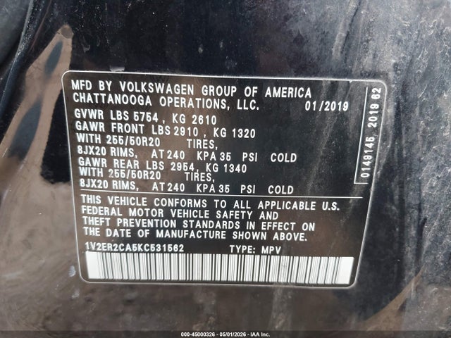 1V2ER2CA5KC531562 Volkswagen Atlas 3.6l V6 Sel