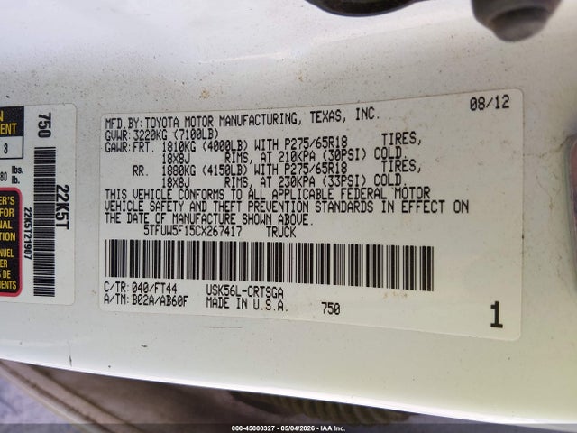 45000327 :رقم المزاد ، 5TFUW5F15CX267417 vin ، 2012 Toyota Tundra Grade 5.7l V8 مزاد بيع