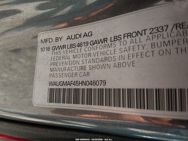 Продаж на аукціоні авто 2017 Audi A4 2.0t Ultra Premium, vin: WAUGMAF45HN046079, номер лоту: 45000343