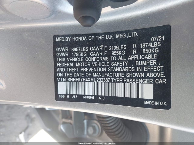 Aukcja sprzedaży 2021 Honda Civic Sport, vin: SHHFK7H4XMU232387, numer aukcji: 45000347