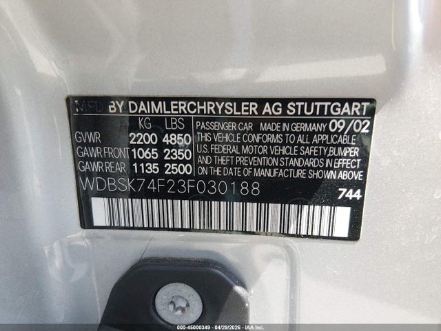 Продаж на аукціоні авто 2003 Mercedes-benz Sl 55 Amg, vin: WDBSK74F23F030188, номер лоту: 45000349