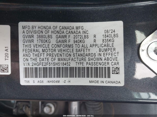 Aukcja sprzedaży 2025 Honda Civic Sport, vin: 2HGFE2F51SH518452, numer aukcji: 45000359