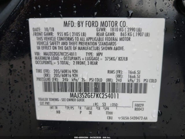 Aukcja sprzedaży 2019 Ford Ecosport Se, vin: MAJ3S2GE7KC254011, numer aukcji: 45000364