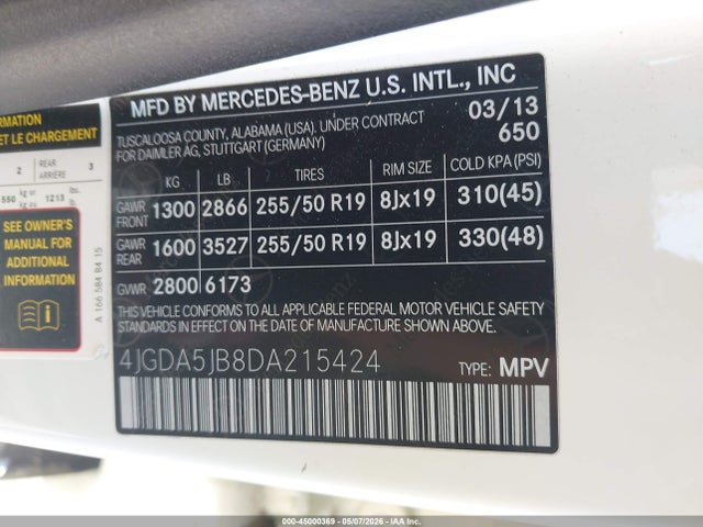 45000369 :رقم المزاد ، 4JGDA5JB8DA215424 vin ، 2013 Mercedes-benz Ml 350 مزاد بيع
