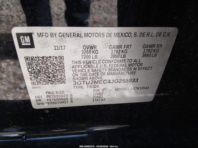 Aukcja sprzedaży 2018 Gmc Sierra 1500 Sle, vin: 3GTU2MEC4JG255933, numer aukcji: 45000378