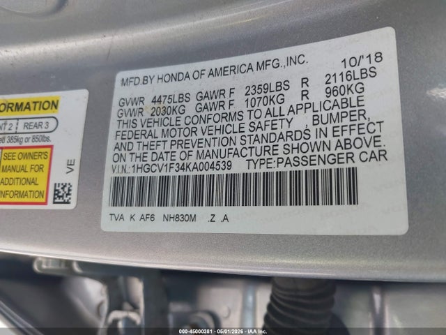 45000381 :رقم المزاد ، 1HGCV1F34KA004539 vin ، 2019 Honda Accord Sport مزاد بيع