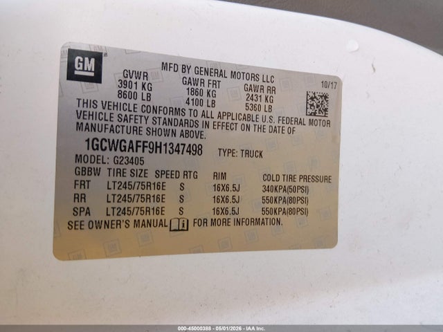1GCWGAFF9H1347498 Chevrolet Express 2500 Work Van