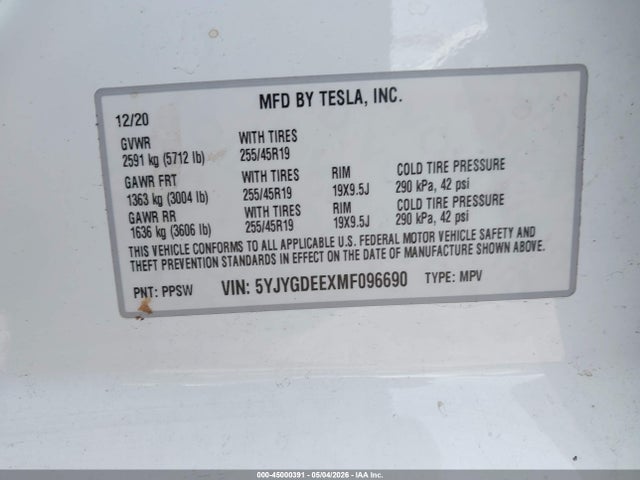 45000391 :رقم المزاد ، 5YJYGDEEXMF096690 vin ، 2021 Tesla Model Y Long Range Dual Motor All-wheel Drive مزاد بيع