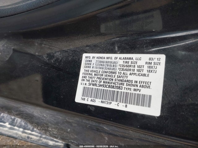 Продаж на аукціоні авто 2012 Honda Odyssey Touring/touring Elite, vin: 5FNRL5H93CB082083, номер лоту: 45000395