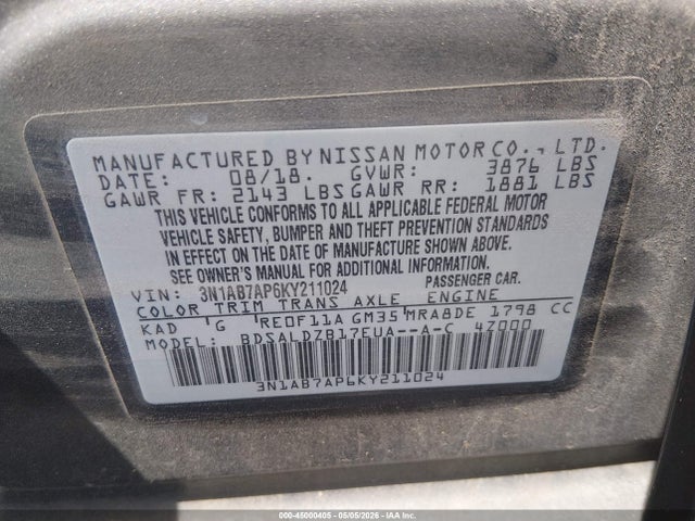 Продаж на аукціоні авто 2019 Nissan Sentra Sv, vin: 3N1AB7AP6KY211024, номер лоту: 45000405