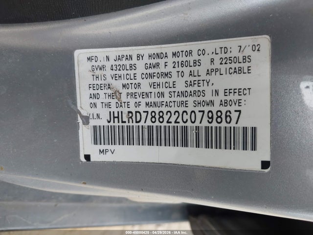 45000425 :رقم المزاد ، JHLRD78822C079867 vin ، 2002 Honda Cr-v Ex مزاد بيع
