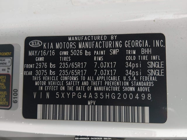 Продажа на аукционе авто 2017 Kia Sorento 2.4l Lx, vin: 5XYPG4A35HG200498, номер лота: 45000426