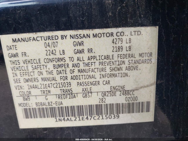 Продаж на аукціоні авто 2007 Nissan Altima 2.5 S, vin: 1N4AL21E47C215039, номер лоту: 45000429