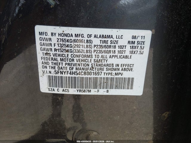 Aukcja sprzedaży 2012 Honda Pilot Ex-l, vin: 5FNYF4H54CB001697, numer aukcji: 45000435