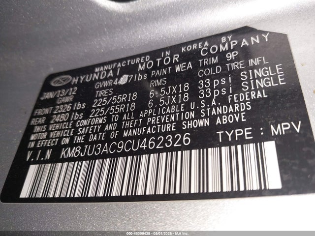 2012 Hyundai Tucson Limited მანქანა იყიდება აუქციონზე, vin: KM8JU3AC9CU462326, აუქციონის ნომერი: 45000439