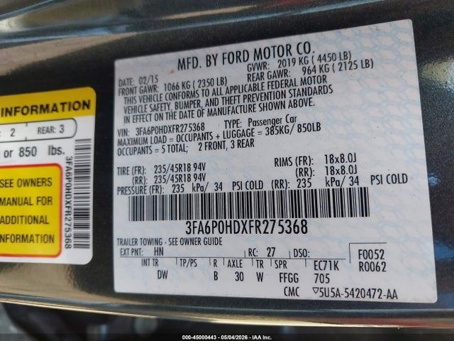 Aukcja sprzedaży 2015 Ford Fusion Se, vin: 3FA6P0HDXFR275368, numer aukcji: 45000443