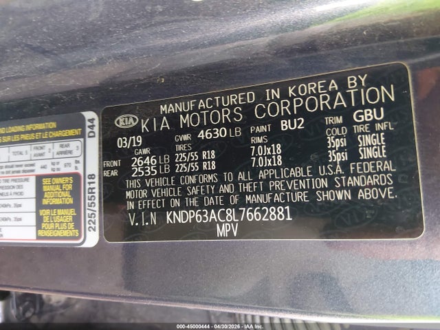 Auction sale of the 2020 Kia Sportage S, vin: KNDP63AC8L7662881, lot number: 45000444