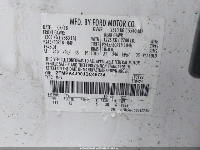 45000448 :رقم المزاد ، 2FMPK4J90JBC46734 vin ، 2018 Ford Edge Sel مزاد بيع