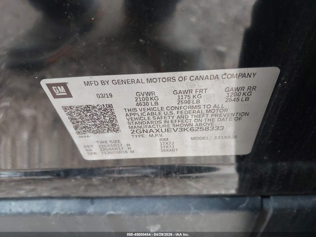Aukcja sprzedaży 2019 Chevrolet Equinox Lt, vin: 2GNAXUEV3K6258333, numer aukcji: 45000454