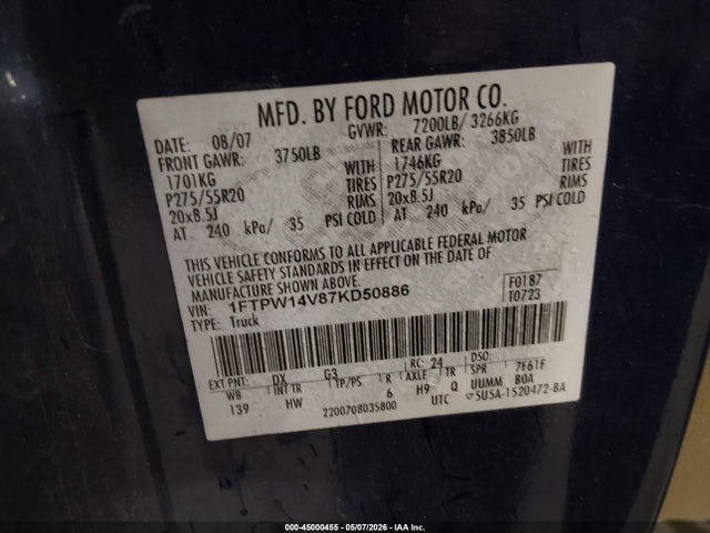 Продаж на аукціоні авто 2007 Ford F-150 Fx4/lariat/xlt, vin: 1FTPW14V87KD50886, номер лоту: 45000455