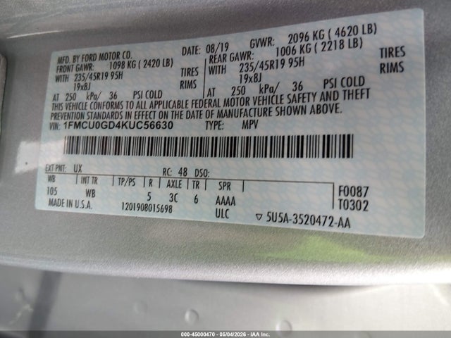 2019 Ford Escape Se მანქანა იყიდება აუქციონზე, vin: 1FMCU0GD4KUC56630, აუქციონის ნომერი: 45000470