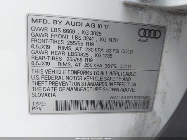 Продажа на аукционе авто 2018 Audi Q7 3.0t Premium, vin: WA1LAAF71JD016457, номер лота: 45000476
