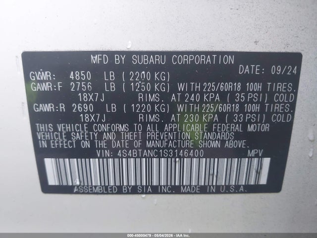 Продаж на аукціоні авто 2025 Subaru Outback Limited, vin: 4S4BTANC1S3146400, номер лоту: 45000479
