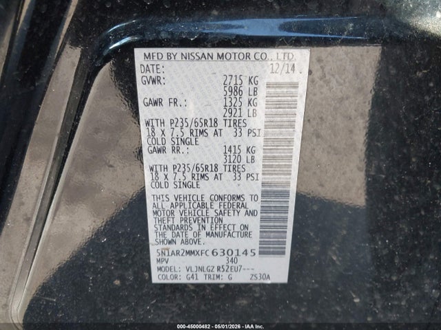 Продаж на аукціоні авто 2015 Nissan Pathfinder Sl, vin: 5N1AR2MMXFC630145, номер лоту: 45000482