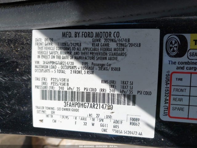 45000485 :رقم المزاد ، 3FAHP0HG7AR214720 vin ، 2010 Ford Fusion Se مزاد بيع