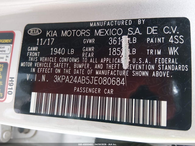 45000493 :رقم المزاد ، 3KPA24AB5JE080684 vin ، 2018 Kia Rio Lx مزاد بيع
