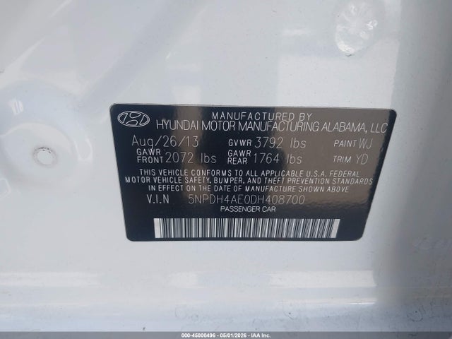 Aukcja sprzedaży 2013 Hyundai Elantra Gls, vin: 5NPDH4AE0DH408700, numer aukcji: 45000496