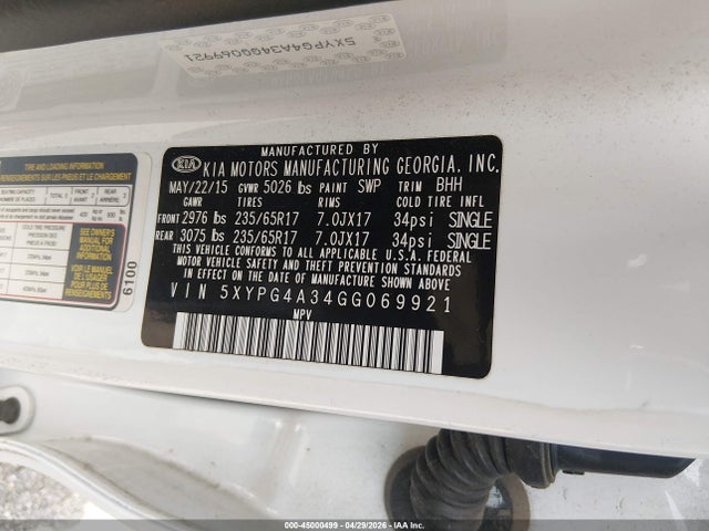 Aukcja sprzedaży 2016 Kia Sorento 2.4l Lx, vin: 5XYPG4A34GG069921, numer aukcji: 45000499