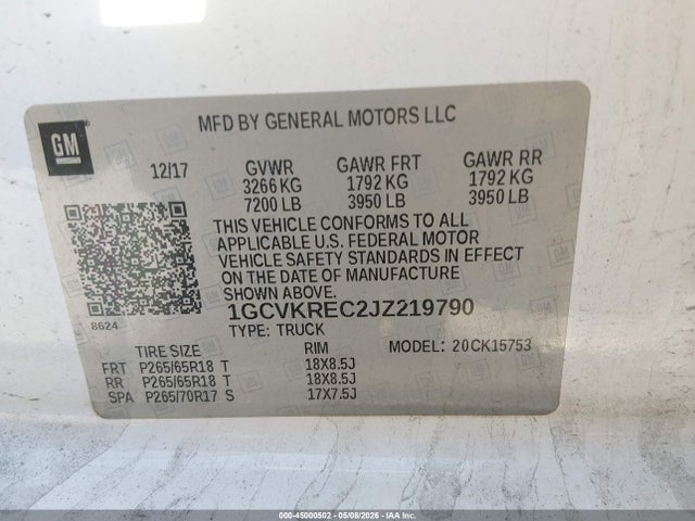 2018 Chevrolet Silverado 1500 2lt მანქანა იყიდება აუქციონზე, vin: 1GCVKREC2JZ219790, აუქციონის ნომერი: 45000502