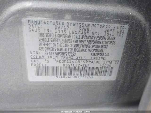 45000508 :رقم المزاد ، 3N1AB7AP3HY277653 vin ، 2017 Nissan Sentra S مزاد بيع