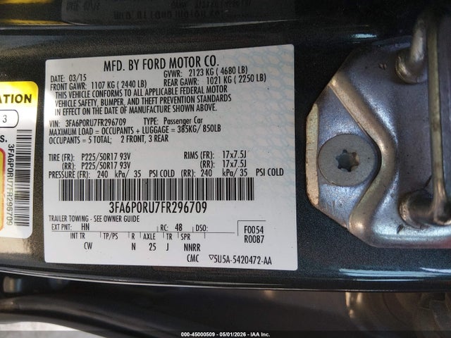 45000509 :رقم المزاد ، 3FA6P0RU7FR296709 vin ، 2015 Ford Fusion Hybrid Titanium مزاد بيع