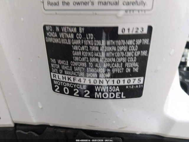 2022 Honda Ww150 A მანქანა იყიდება აუქციონზე, vin: RLHKF4710NY101075, აუქციონის ნომერი: 45000514