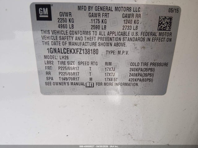 Aukcja sprzedaży 2015 Chevrolet Equinox 2lt, vin: 1GNALCEKXFZ138180, numer aukcji: 45000527