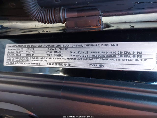 45000545 :رقم المزاد ، SJAAC2ZV8HC014584 vin ، 2017 Bentley Bentayga W12/w12 First Edition مزاد بيع