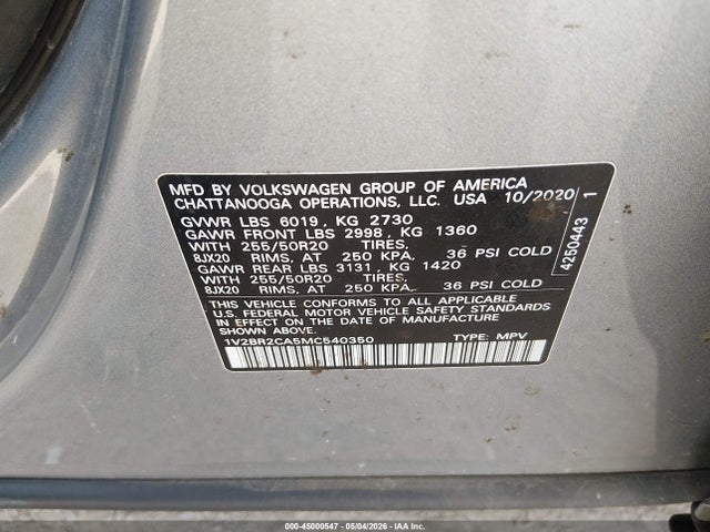 Продаж на аукціоні авто 2021 Volkswagen Atlas 3.6l V6 Sel, vin: 1V2BR2CA5MC540350, номер лоту: 45000547