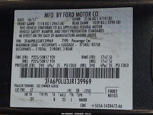 Aukcja sprzedaży 2018 Ford Fusion Hybrid Se, vin: 3FA6P0LU3JR139969, numer aukcji: 45000554