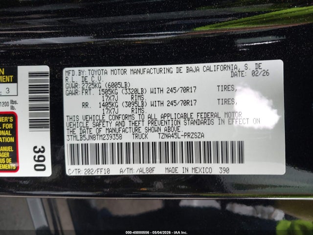 2026 Toyota Tacoma Sr5 მანქანა იყიდება აუქციონზე, vin: 3TMLB5JN8TM239358, აუქციონის ნომერი: 45000556