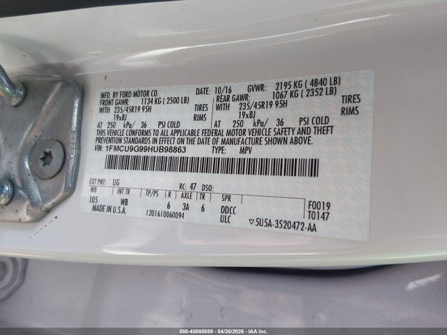 45000559 :رقم المزاد ، 1FMCU9G99HUB98863 vin ، 2017 Ford Escape Se مزاد بيع