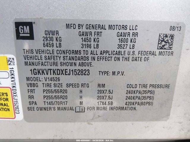 2014 Gmc Acadia Denali მანქანა იყიდება აუქციონზე, vin: 1GKKVTKDXEJ152823, აუქციონის ნომერი: 45000561
