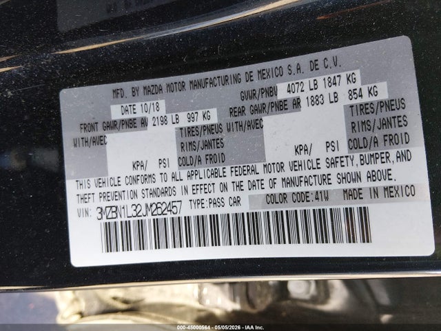 2018 Mazda Mazda3 Touring მანქანა იყიდება აუქციონზე, vin: 3MZBN1L32JM262457, აუქციონის ნომერი: 45000564