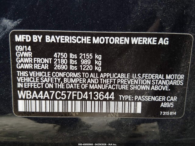 Продаж на аукціоні авто 2015 Bmw 428 Gran Coupe Xdrive, vin: WBA4A7C57FD413644, номер лоту: 45000565