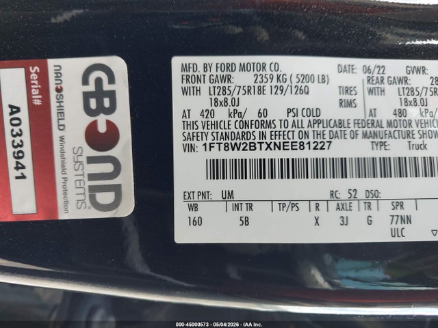 45000573 :رقم المزاد ، 1FT8W2BTXNEE81227 vin ، 2022 Ford F-250 Lariat مزاد بيع