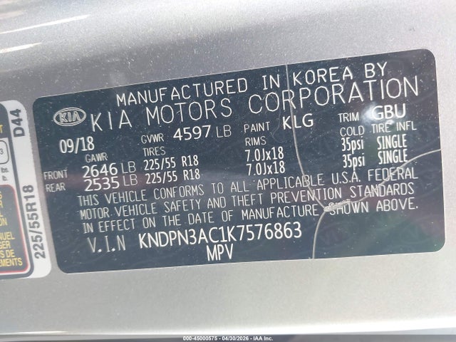 45000575 :رقم المزاد ، KNDPN3AC1K7576863 vin ، 2019 Kia Sportage Ex مزاد بيع
