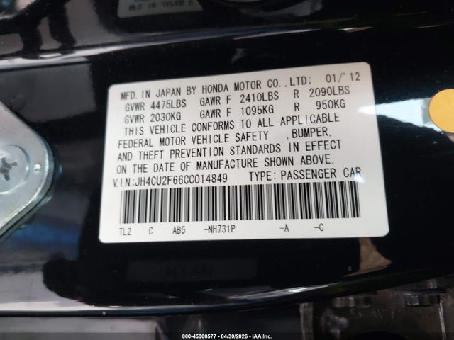 Продажа на аукционе авто 2012 Acura Tsx 2.4, vin: JH4CU2F66CC014849, номер лота: 45000577