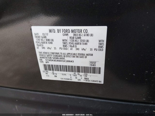 Aukcja sprzedaży 2017 Ford Explorer Xlt, vin: 1FM5K8D89HGC26843, numer aukcji: 45000581