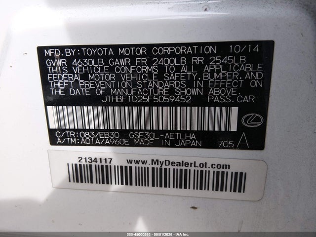 Продаж на аукціоні авто 2015 Lexus Is 250, vin: JTHBF1D25F5059452, номер лоту: 45000593